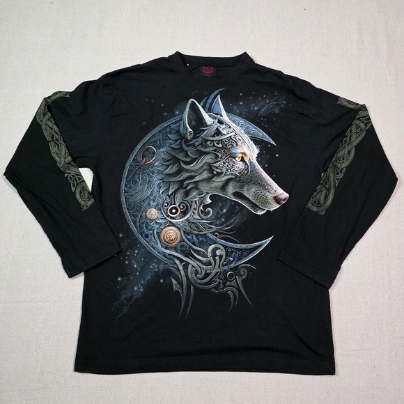 Spiral Direct Celtic Wolf Design Long Sleeve Black Tee Shirt Size Medium - Picture 1 of 8